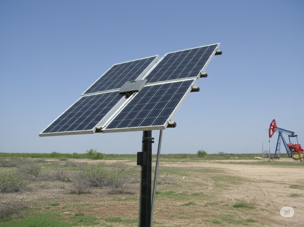 Solar panel with pump jack in the background